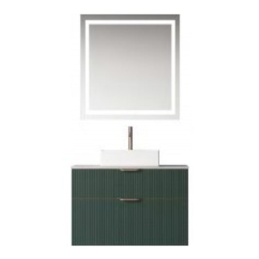 Modern wall-mounted vanity in a deep green ribbed finish with a rectangular white above-counter basin and gold accents. Paired with a round LED mirror and set against a dark wall, complemented by a serene outdoor view of a tree.
Contemporary vanity available in green and white ribbed finishes, featuring a pure white sintered stone countertop and rectangular above-counter basin. Paired with a round LED mirror for a sleek and elegant bathroom design.