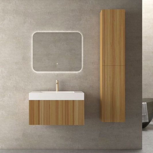 Minimalist wall-mounted vanity with an acacia wood ribbed finish, an integrated artificial stone basin, and a matching tall storage cabinet. Complemented by a rectangular LED mirror, creating a sleek and modern design against a neutral wall.
Contemporary acacia wood vanity featuring a soft-closing drawer, an artificial stone integrated basin, and a rectangular LED mirror. Paired with a tall matching storage cabinet, offering both style and functionality for modern bathrooms.