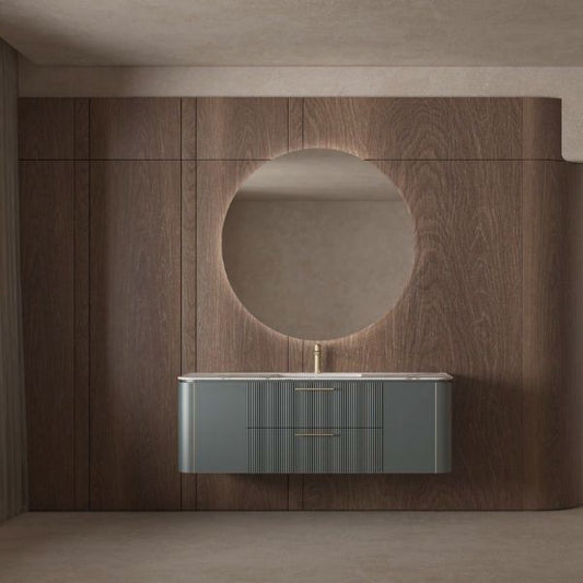 Modern vanity set featuring a sintered stone countertop, emerald gray lacquered finish, and two soft-closing drawers with gold handles. Includes a ceramic undermount sink and LED mirror with multiple functionalities.
Elegant bathroom vanity with an emerald gray lacquered finish, gold accents, and a sintered stone countertop, set against a warm wooden wall