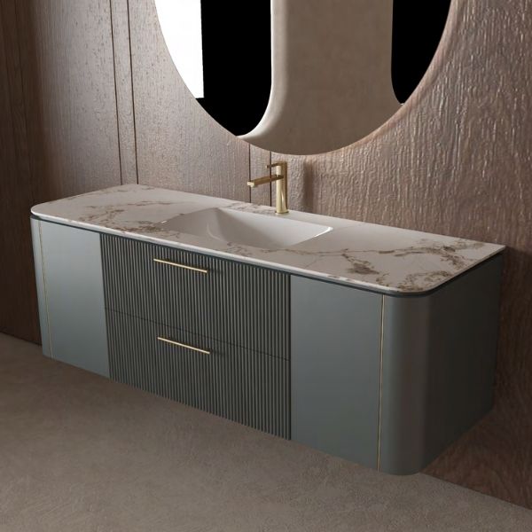 Modern vanity set featuring a sintered stone countertop, emerald gray lacquered finish, and two soft-closing drawers with gold handles. Includes a ceramic undermount sink and LED mirror with multiple functionalities.
