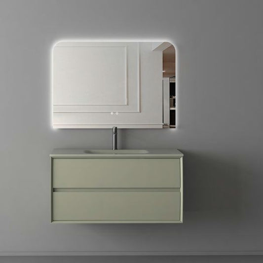 Minimalist green lacquered vanity set with a glass-integrated basin and soft-closing drawers, paired with a rectangular LED mirror mounted on a sleek gray wall.
Compact and stylish green vanity with a glass countertop and integrated basin, featuring two soft-closing drawers with finger-pull openings. Includes a functional LED mirror with modern features.