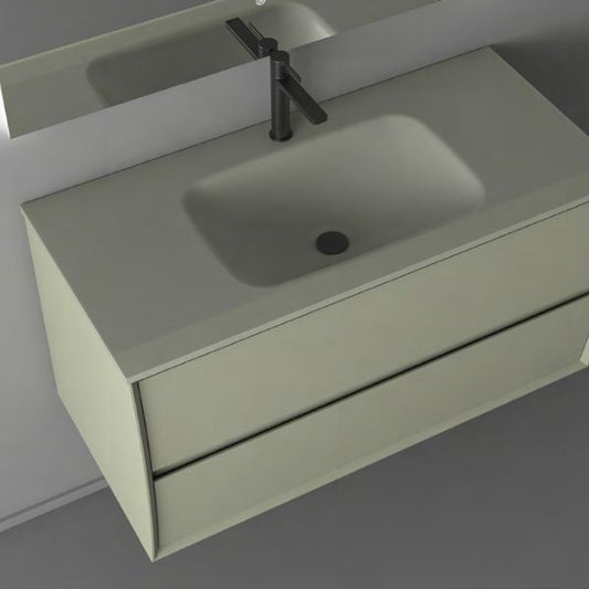 Minimalist green lacquered vanity set with a glass-integrated basin and soft-closing drawers, paired with a rectangular LED mirror mounted on a sleek gray wall.
Compact and stylish green vanity with a glass countertop and integrated basin, featuring two soft-closing drawers with finger-pull openings. Includes a functional LED mirror with modern features.