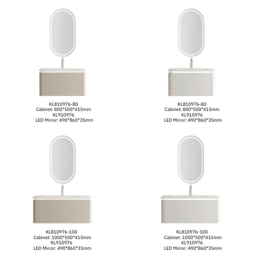 Modern wall-mounted vanity with a minimalist beige PET and melamine finish, featuring a solid surface basin and a sleek oval LED mirror. Accented by a black marble side table and geometric lighting for a contemporary bathroom design.
Elegant beige vanity with a single soft-closing drawer and a solid surface basin, paired with an oval LED mirror. The design emphasizes simplicity and functionality, perfect for a clean and modern bathroom aesthetic.