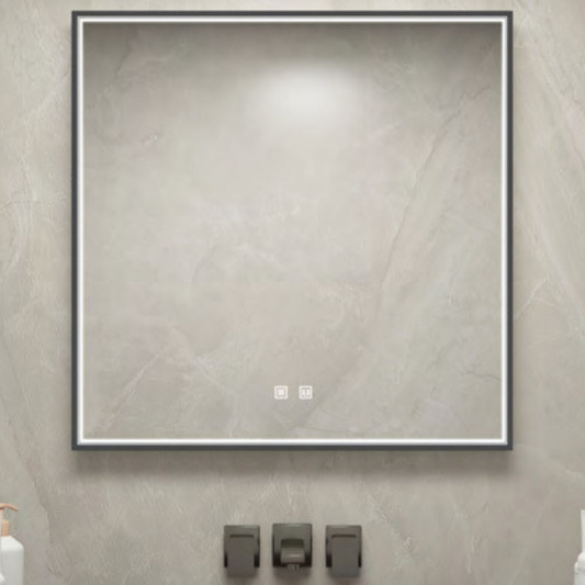 Wall-mounted square gray aluminium frame smart LED bathroom mirror with defogger, dimming, and smart touch button, mounted on a bathroom wall.