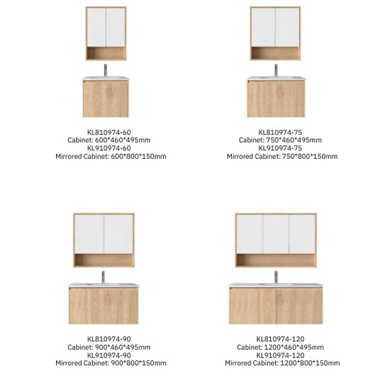 Modern wall-mounted vanity with a ribbed walnut wood finish, integrated solid surface basin, and a matching mirrored cabinet with open shelf storage. Set against a dark wall for a sleek, minimalist look.
Compact walnut wood vanity featuring a soft-closing drawer, integrated porcelain basin, and a mirrored cabinet with two doors and an open shelf. Designed for functionality and elegance in modern bathroom interiors.