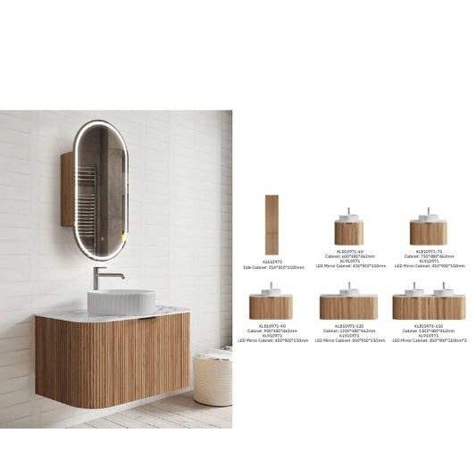 Modern double vanity set with ribbed wooden cabinets, dual round above-counter ceramic basins, and two vertical oval LED mirrors. Complemented by a matching tall storage cabinet, set against a neutral concrete-toned wall.