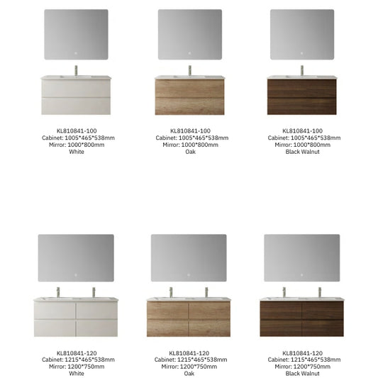 Wall-mounted oak finish vanity with a sleek porcelain basin and a large rectangular LED mirror. Set against a light gray tiled wall, the design emphasizes minimalism and natural aesthetics, complemented by indoor plants.
Modern vanity collection available in white, oak, and black walnut finishes, featuring porcelain basins and large rectangular LED mirrors. Various sizes and configurations provide flexibility for contemporary bathroom designs.