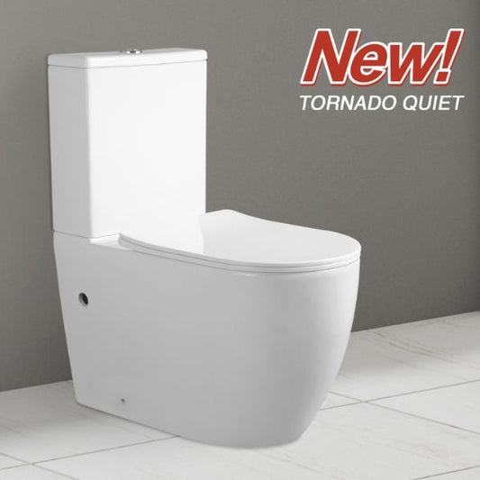 A white ceramic toilet with its lid closed, displayed in a bathroom setting with the text 'New! TORNADO QUIET' on the top right corner.