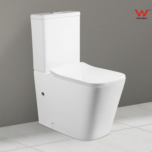 A white two-piece toilet with a rimless design, featuring a modern flush system.