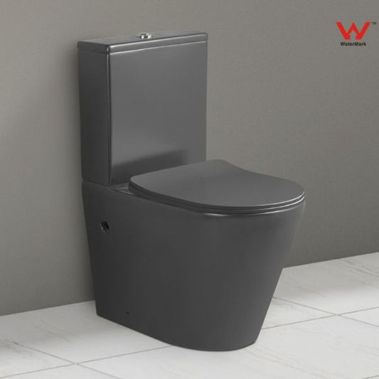 A Grey two-piece toilet with a closed lid, wall-mounted, against a light background.