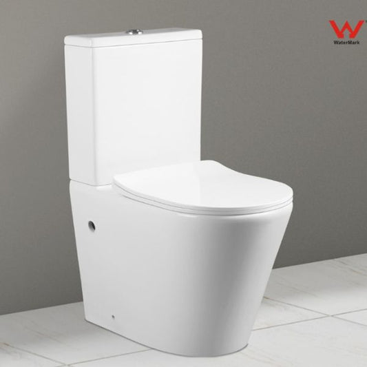 A white two-piece toilet with a closed lid, wall-mounted, against a light background.