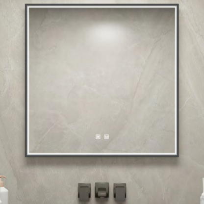 Square Gray Aluminium Frame Front Light Smart LED Bathroom Mirror With defogger, Dimming, Wall Mounted Vanity Mirror with Smart Touch Button With BLUETOOTH and BACK PLATE