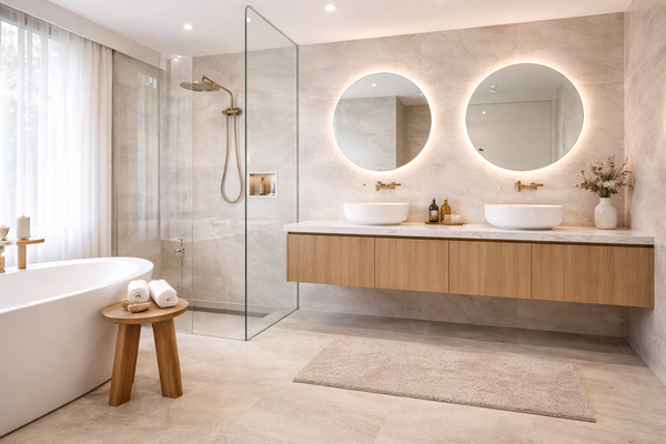 Modern bathroom with a vanity, mirrors, and a bathtub.