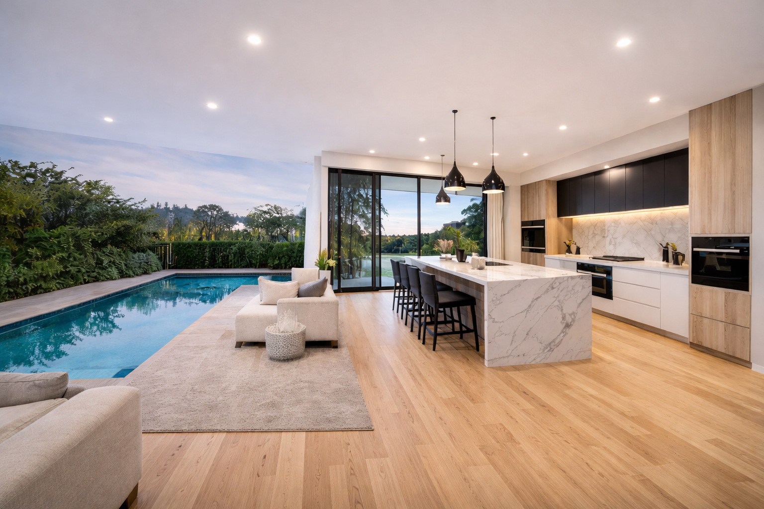 Sydney home renovation showroom featuring luxury kitchen and outdoor living area — Renova Build