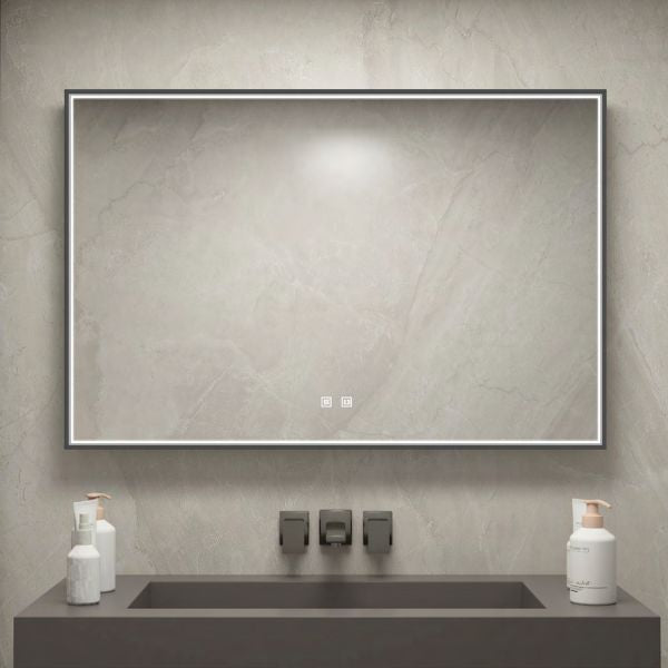 Rectangle Gray Aluminium Frame Front Light Smart LED Bathroom Mirror With defogger, Dimming, Wall Mounted Vanity Mirror, Smart Touch Button and BACK PLATE